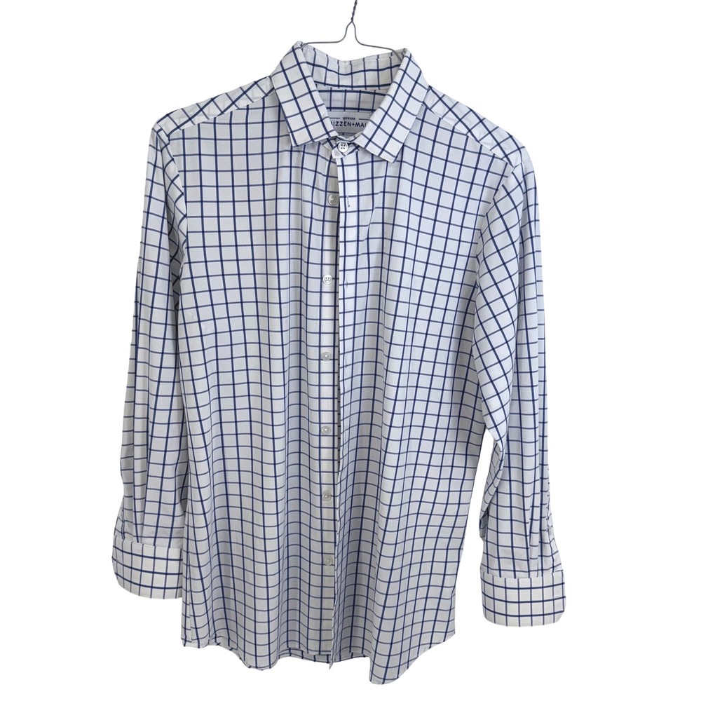 Mizzen+Main Leeward‎ Dress Shirt Mens Lg Trim Fit White Blue Windowpane Check